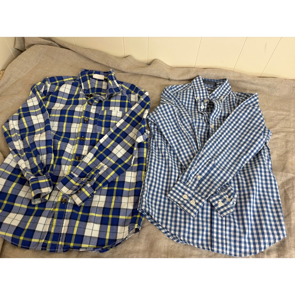 Lot of 2 Boys IZOD Gingham & Crazy 8 Plaid Button Down Shirts Size 8 Blue Yellow